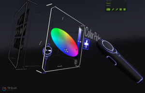 TiltBrush 3D interface shows a cube with menus on all sides