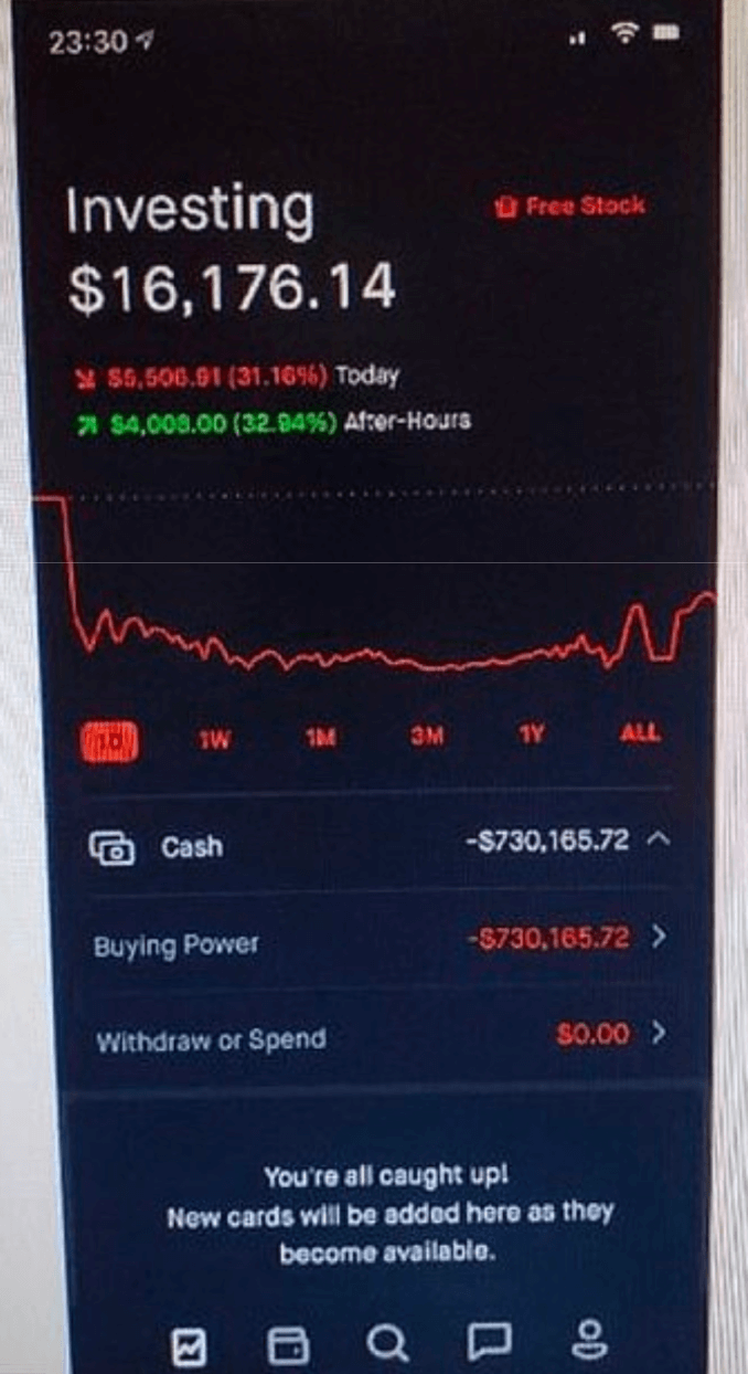Robinhood app suicide screen shows $730,165 deficit owed
