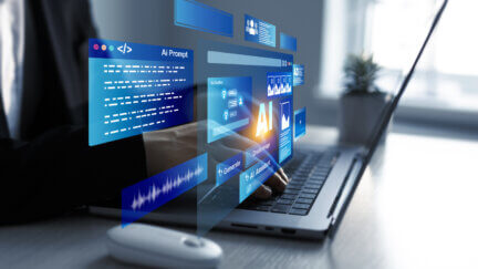 Person using laptop with Ai Content Generator.Image generator, documents, marketing and advertising, bot writing and coding.Interaction with the Ai assistant to solve some tasks more easily