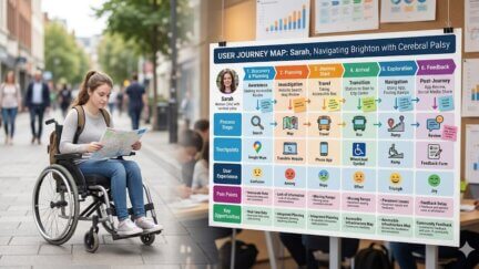 accessible journey map, woman in a wheelchair takes a minute to navigate- a journey map is overlaid to her right