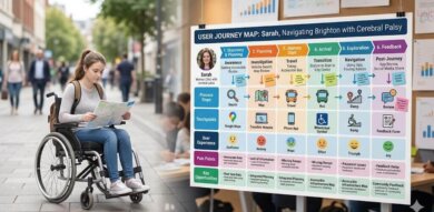 accessible journey map, woman in a wheelchair takes a minute to navigate- a journey map is overlaid to her right