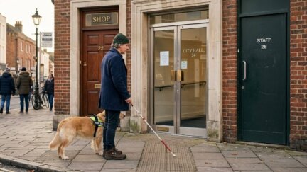 blind man with cane and dog ponders three door options